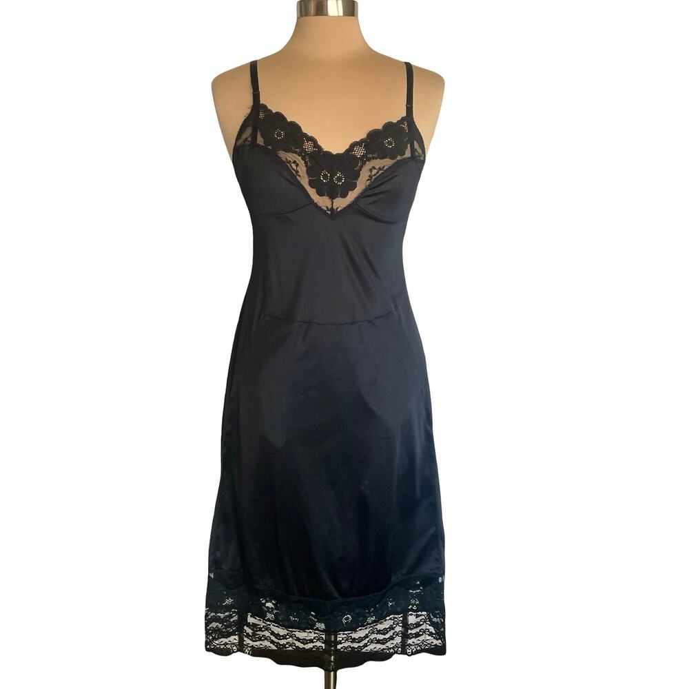 Lorriane VTG Black Satin and Lace Slip / Slip Dress Sz 36 Tall Lingerie Coquette